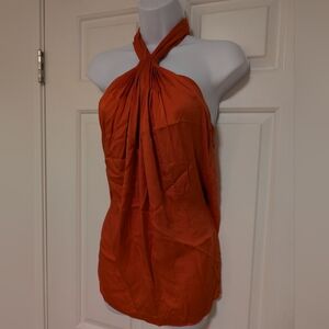 Diane Von Furstenberg Orange  Silk Pleated Halter Top With Back Strap Size 4